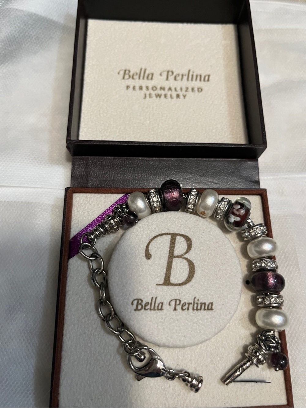 bella Perlina Purple & White Pearl Charm Bracelet